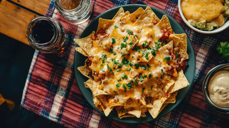 A plaid tablecloth with a plate of nachos and a cheese sauce.の素材