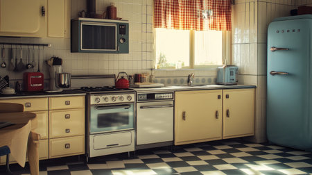 A vintage kitchen with retro appliances and checkered tile floorの素材