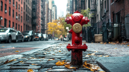 A red fire hydrant on a city streetの素材