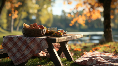 A picnic table with a basket of food and a blanket.の素材