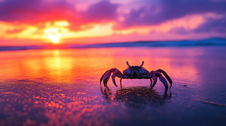 A vibrant sunset over a calm ocean, with a crab crawling on the sand.の素材