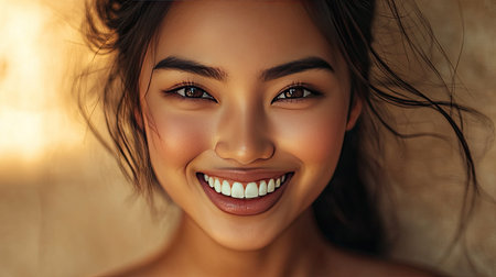 A close-up of an Asian model with a warm and inviting smile, showing off her perfect teeth.の素材