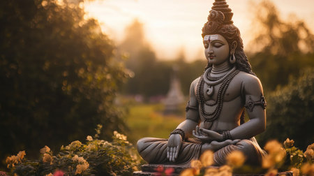 Lord Shiva statue bathed in warm sunlightの素材