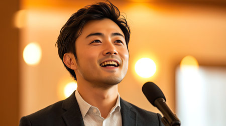 A charismatic Asian man with a charming smile, giving a speech.の素材