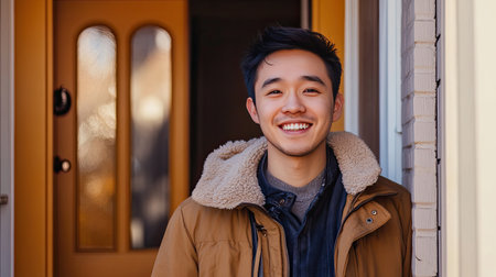 A friendly Asian man with a welcoming smile, greeting someone at the door.の素材