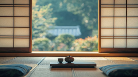 Empty seats in a traditional Japanese tea house with a shakuhachi fluteの素材