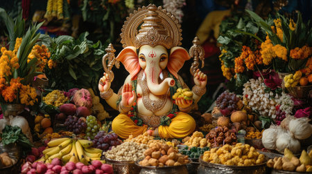 Ganesha idol surrounded by offerings of fruits and sweetsの素材