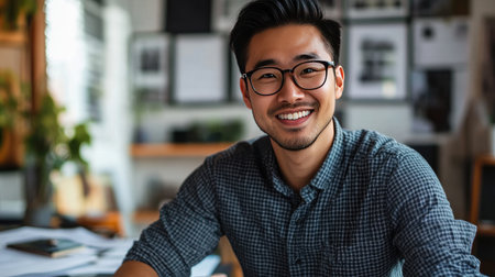 A passionate Asian man with a determined smile, working on a project.の素材