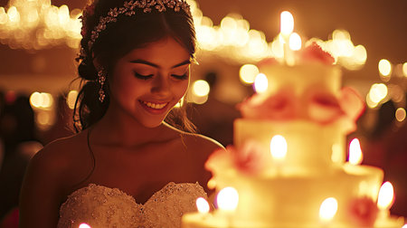 A candlelit quincea ceremony with a girl celebrating her 15th birthday.の素材