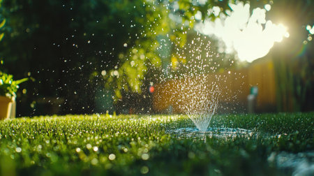 A lawn with a garden hose spraying water droplets in the air.の素材