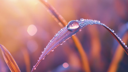 A close-up of a blade of grass with a small dewdrop on it.の素材