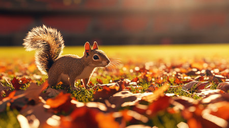 A stadium with a field covered in leaves, with a squirrel running around.の素材
