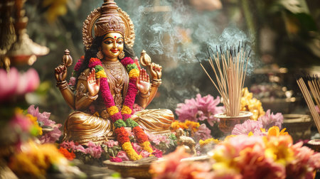 Goddess Lakshmi idol surrounded by colorful flowers and incense sticksの素材