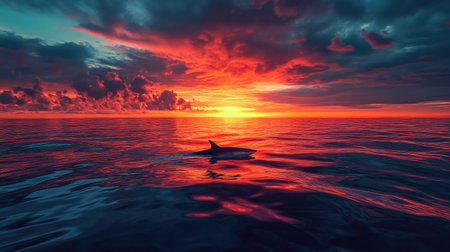 A vibrant sunset over a calm ocean, with a shark swimming in the deep water.の素材