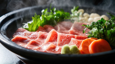 A steaming bowl of shabu-shabu with thinly sliced meat and vegetables.の素材