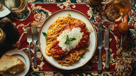 A tapestry tablecloth with a plate of chicken parmesan and pastaの素材