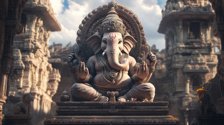 Ganesha statue with a backdrop of traditional Indian architectureの素材