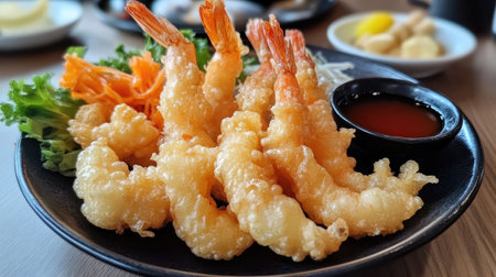 A plate of tempura with shrimp, vegetables, and dipping sauce.の素材