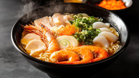A steaming bowl of seafood ramen with various seafood ingredients.の素材