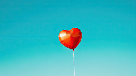A red heart-shaped balloon floating against a clear blue skyの素材