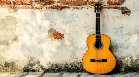 Close-up of a lone flamenco guitar leaning against a brick wallの素材