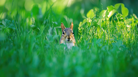 A field of green grass with a squirrel hiding in the tall grass.の素材