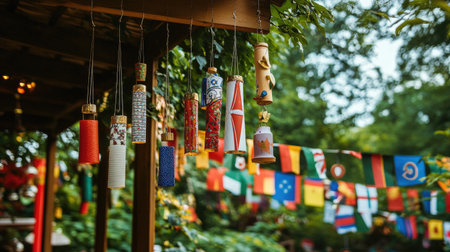 Festival decorations with wind chimes and flags from different countriesの素材