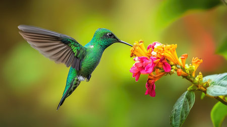 A vibrant green hummingbird sipping nectar from a colorful flower.の素材