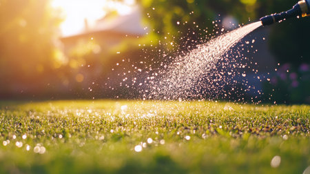 A lawn with a garden hose spraying water droplets in the air.の素材
