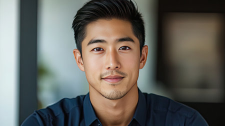 A handsome Asian man with a warm, genuine smile, looking directly at the camera.の素材