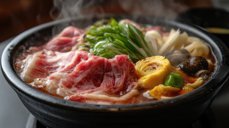 A steaming bowl of sukiyaki with thinly sliced meat and vegetables.の素材