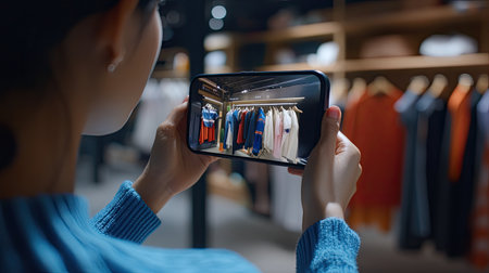 A person using augmented reality to try on clothes on an online store.の素材