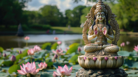 Goddess Lakshmi statue with a backdrop of a serene lotus pondの素材