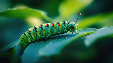 A vibrant green caterpillar munching on a fresh leaf.の素材