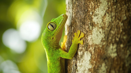 A vibrant green gecko clinging to a tree trunk.の素材