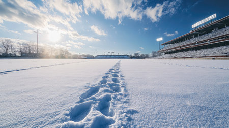 A stadium with a field covered in snow, with a few footprints visible.の素材