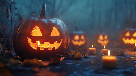 A spooky Halloween scene with candles illuminating jack-o'-lanterns.の素材