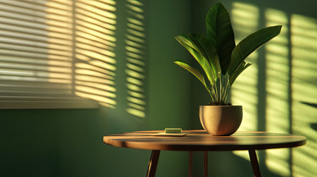 A table with a plant and a pot.の素材