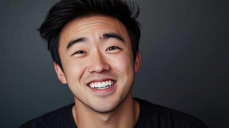 A playful Asian man with a mischievous smile, making a silly face.の素材