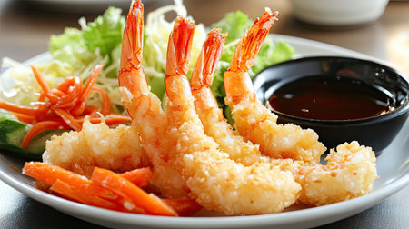 A plate of tempura with shrimp, vegetables, and dipping sauce.の素材