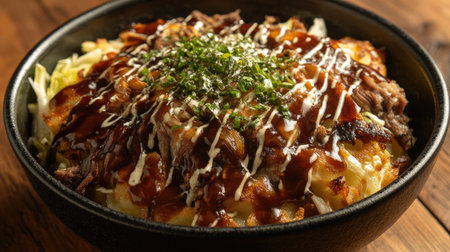 A bowl of okonomiyaki with cabbage, meat, and sauce.の素材
