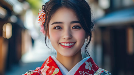 A young Asian woman with a radiant smile, wearing a traditional kimono.の素材