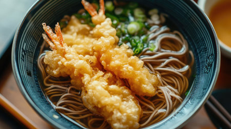 A bowl of soba noodles with tempura and broth.の素材