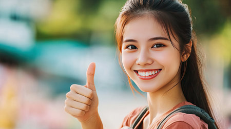 An Asian model with a confident smile, giving a thumbs-up.の素材