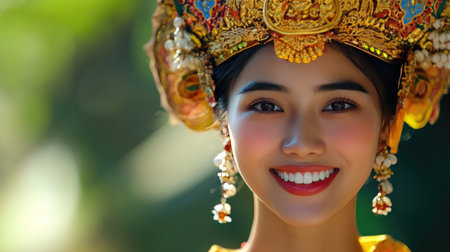 An Asian model with a proud smile, wearing a traditional headdress.の素材