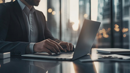 An accountant works on a laptop in a modern officeの素材