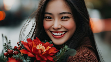An Asian model with a bright smile, holding a bouquet of flowers.の素材