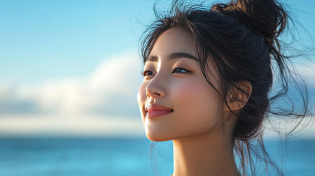 An Asian model with a gentle smile, gazing out at the ocean.の素材