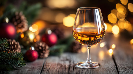 A glass of dessert wine with a festive holiday scene in the backgroundの素材