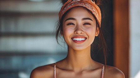 An Asian model with a confident smile, striking a yoga pose.の素材